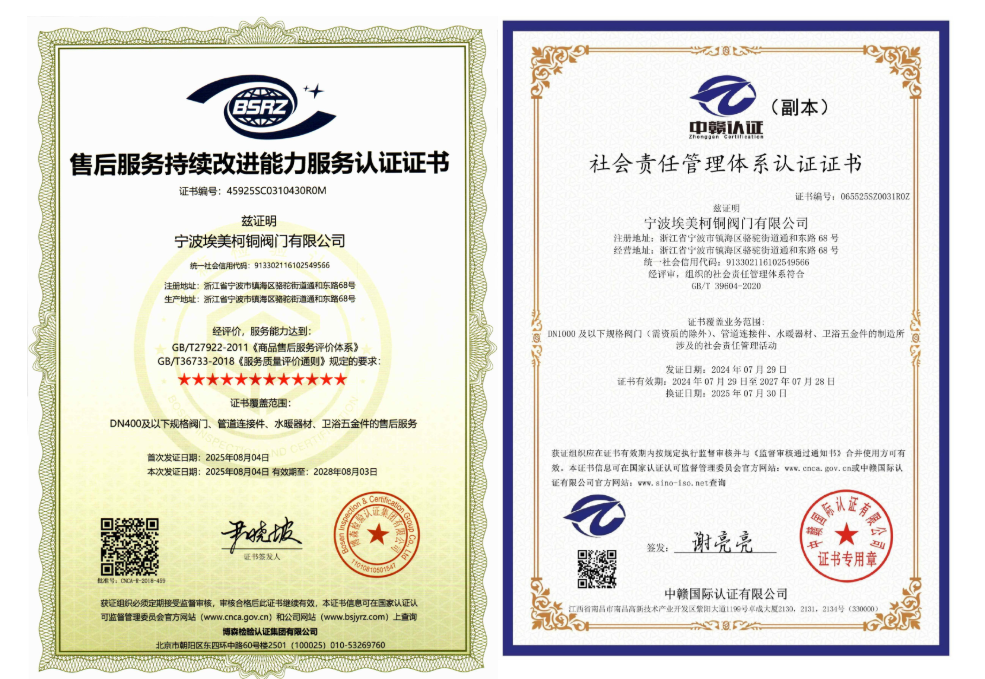 寧波埃美柯十二星服務管理體系證書